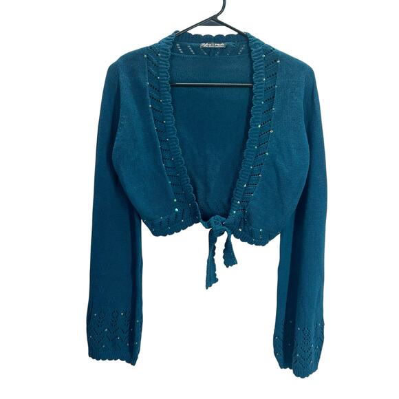 Sylvie & Mado Teal Knit Sequin Cardigan Size Large Boho Cottage Fall - Picture 1 of 7